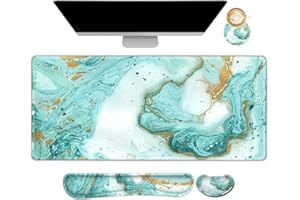 ARTSO Large Gaming Mouse Pad, Keyboard Wrist Rest Pad & Wrist Support Mousepad Set, Stitched Edge, Extended, Non-Slip Base, Memory Foam Desk Mat 4pcs for Office & Home, Teal Turqoise Marble