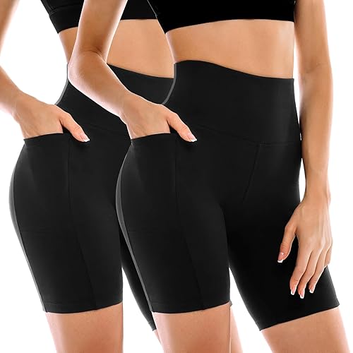 Leafigure 2 Pack Womens Biker Shorts with Pockets, High Waisted Yoga Shorts for Women Running Gym and Workout