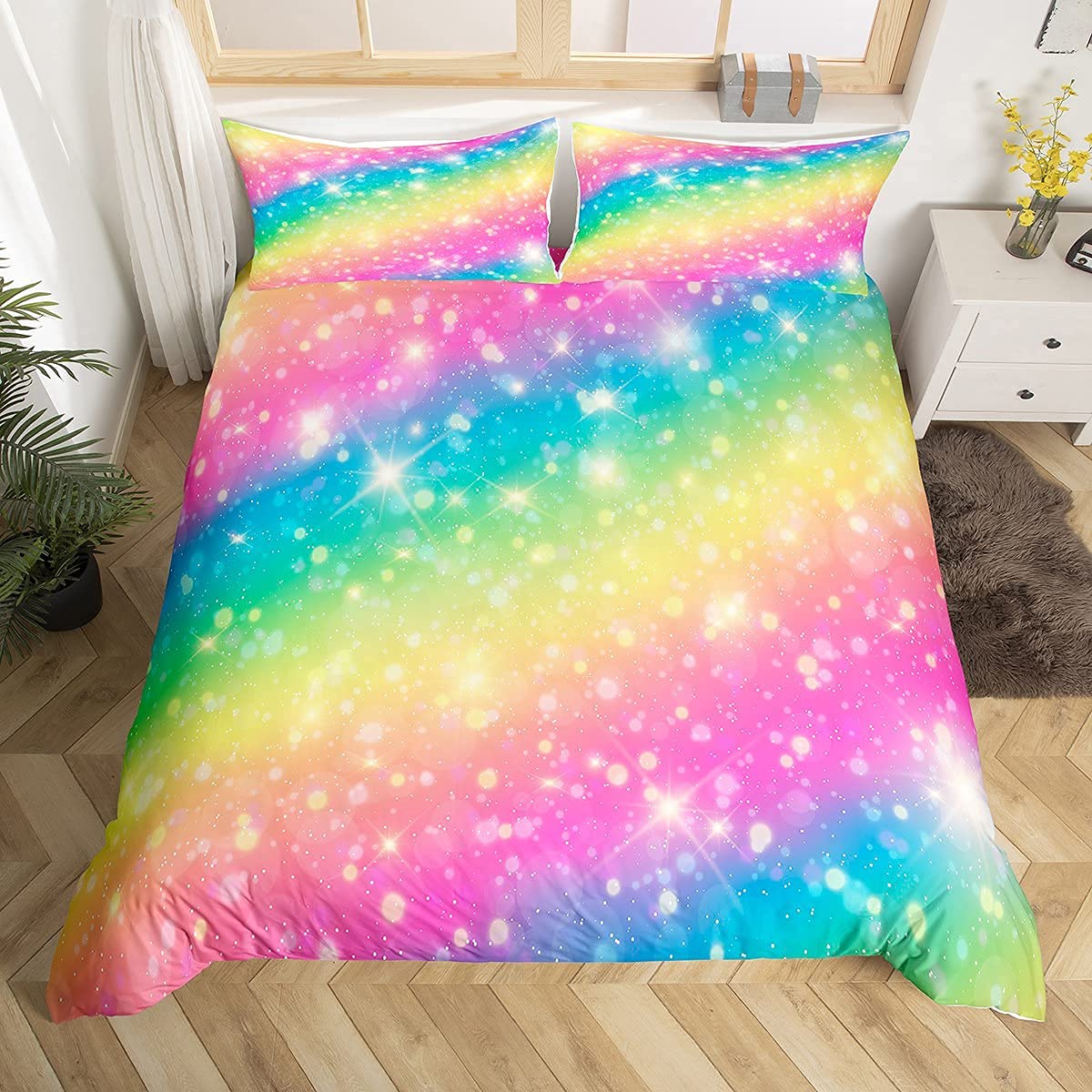 Rainbow Color Bedding Set Girls Kids Blingling Decor Cute Cartoon Children's Bedroom Decor Duvet Cover with Zipper Ties Soft Microfiber Comforter Cover Set,1 Duvet Cover with 2 Pillow Cases,Double