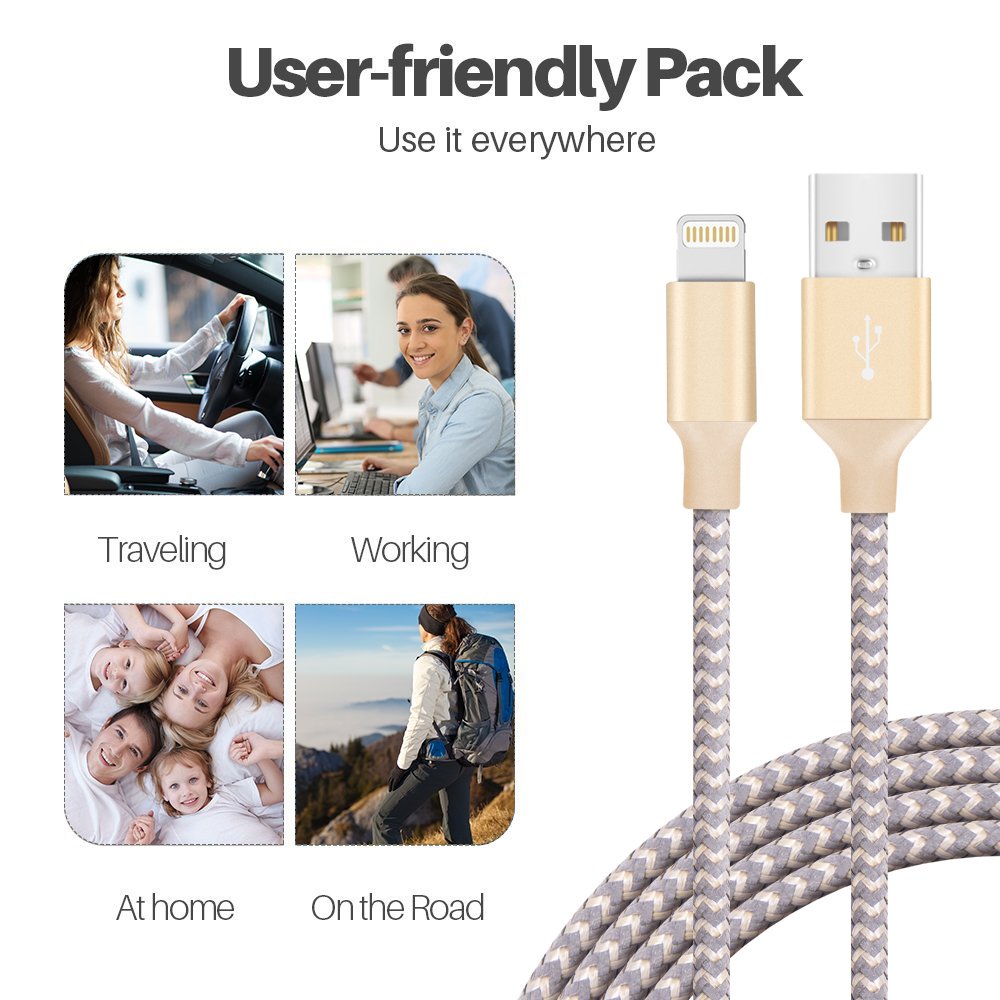 Lightning Cable, Quntis 3Pack 6FT Nylon Braided iPhone Charger Lightning to USB Cable Charging Cord for iPhone X 8 8Plus 7 7 Plus 6s 6s Plus 6 6 Plus 5 5S 5C SE and More (Champagne Gold)