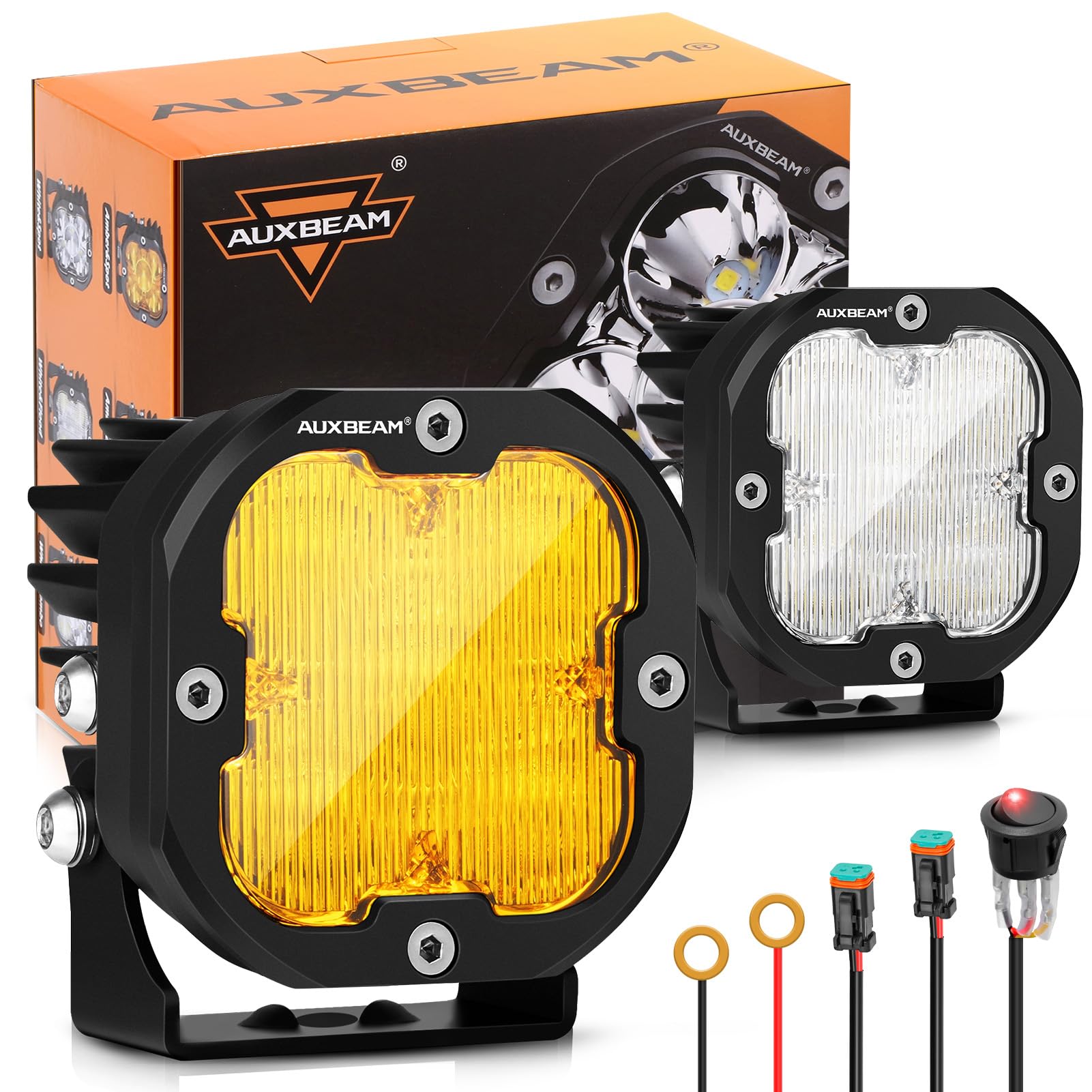 Photo 1 of Auxbeam XP-Ultra Series 3 Inch Flood Beam LED Pods, 80W 9600LM 120° Wide Flood, Amber/White Lens Covers, Off Road Fog Light Bar LED Cubes Ditch Lights, for RZR Polaris Ford Bronco UTV ATV