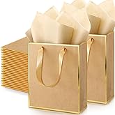 Yeaqee 50 Pack Metallic Gift Bags with Handle and Tissue Paper Gold Foil Thank You Bag for Valentine Wedding 5 Groomsmen Bridal 5 Senses Gifts Holiday Party Favors 9x7x3.15''(Kraft)