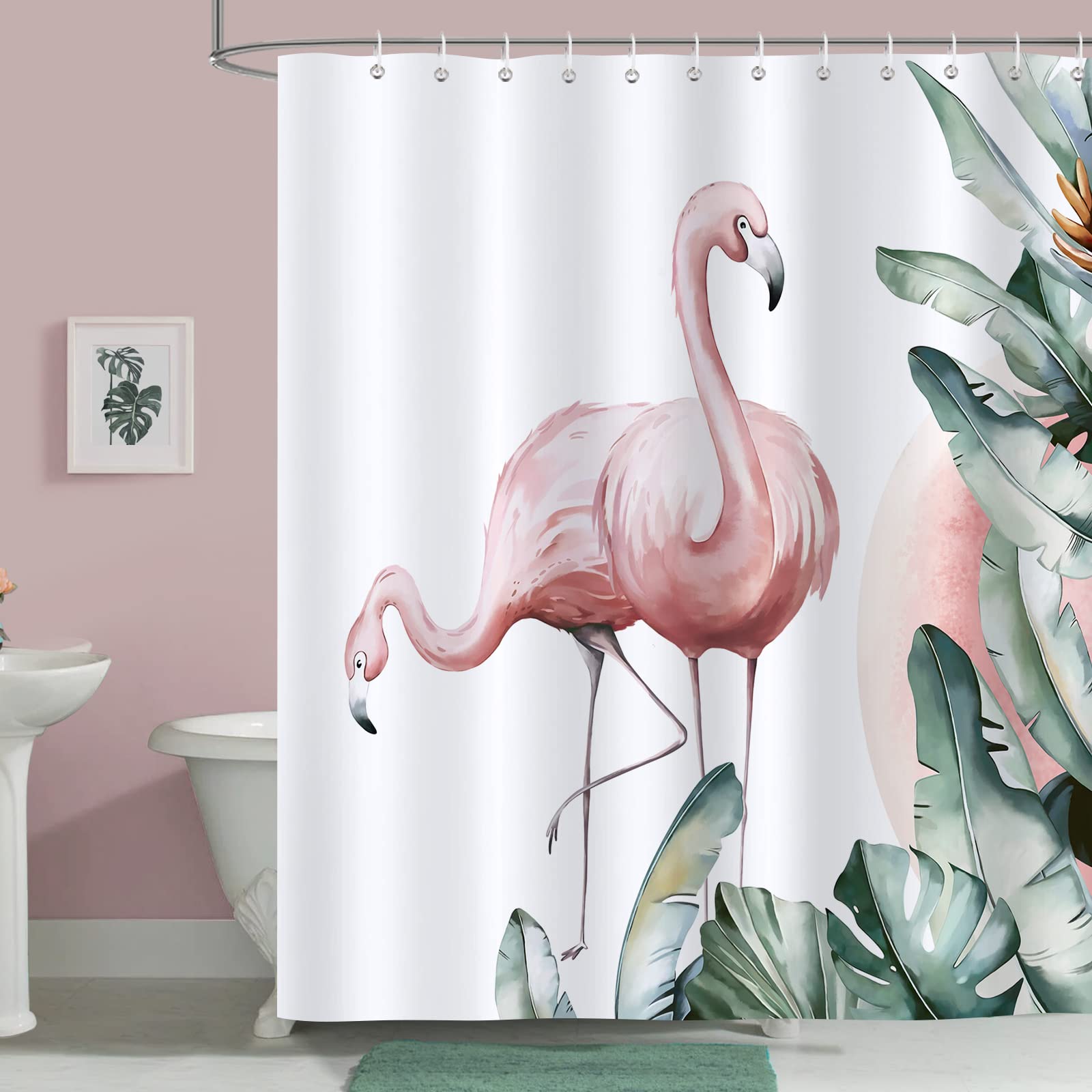 Bonhause Pink Flamingo Shower Curtain Tropical Leaves Bathroom Curtain 180 x 180 cm Waterproof Mildew & Mould Resistant Polyester Fabric Bath Curtain with 12 Hooks (BHS0111)