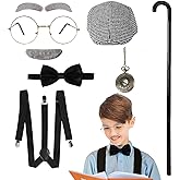 Fraiieon Kids 1920s Old Man Gentleman Costume Set – 100th Day of School Accessories with Beret, Glasses, Eyebrows, Cane, Suspenders, and Watch