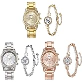 Dacdyi 3 Pcs Elegant Diamond Watches and Bracelet Set for Women Classic Round Dial Rehinestore Bezel Analog Quartz Ladies Watches