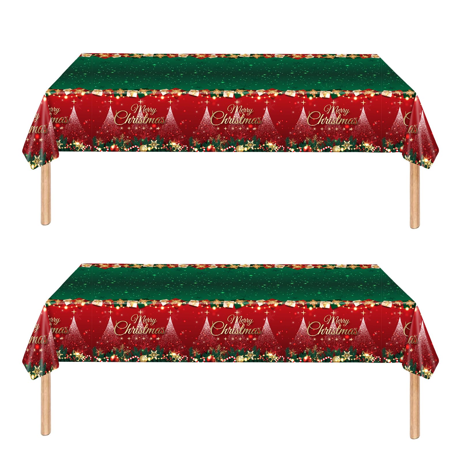 2PCS Christmas Tablecloth,137*274cm Large Shiny Red and Green Xmas Party Table Cover,Disposable Rectangle Christmas Plastic Table Cloth for Christmas Party,Winter Holiday,Christmas Table Decorations — image 1