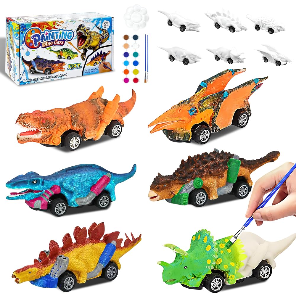 Weciau Painting Dinosaur Toy Pull Back Cars Set, 6pcs DIY Dinosaurs Toys, Painting Kits for Boys Age 2-8, Dinosaurs Car with 1 Brush,6 Paint,1 Plate,Toddler Toy Art and Craft Birthday Gifts