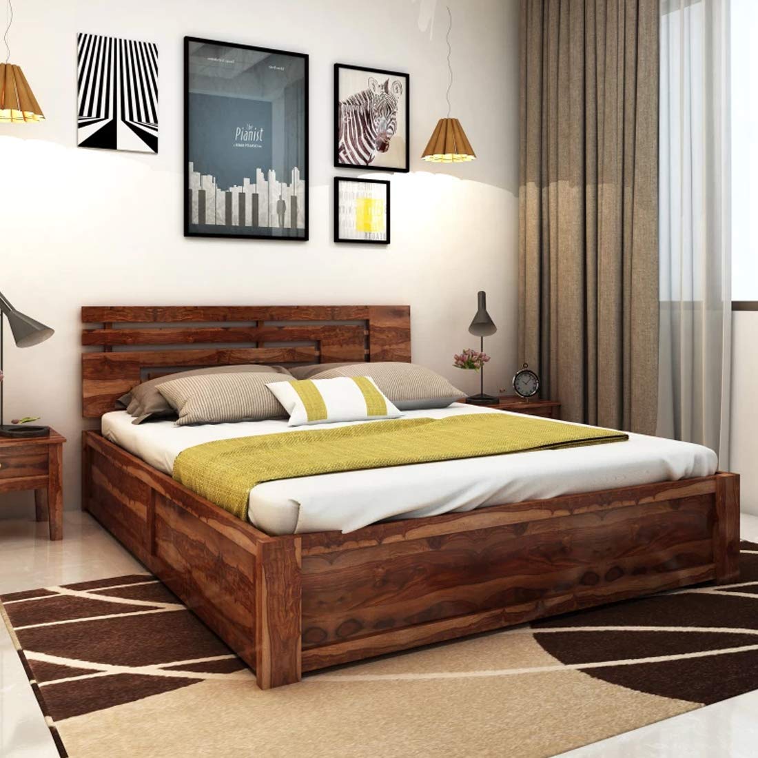 CasaStyle Audreana King Size Teak Wood Bed with Box Storage in Teak Polish Pure Teakwood Bed