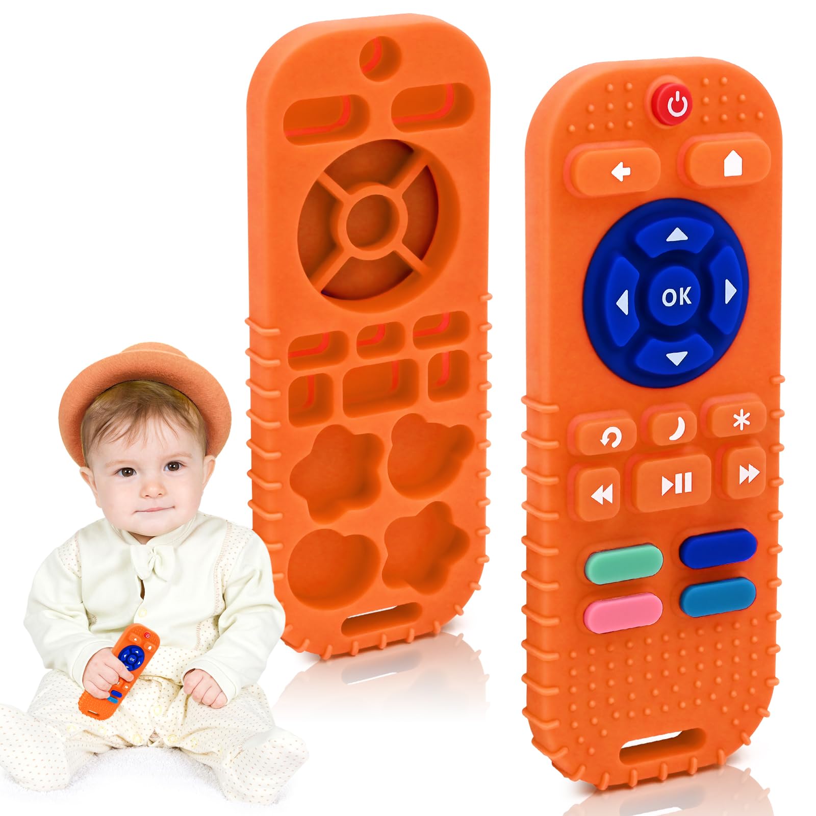 Photo 1 of AiTuiTui Baby Teething Relief Sensory Chew Toys for 3 6 9 12 Months, Silicone Infant Teether Remote Control Bath Toy for Newborn Toddlers Boy Girl Autism Baby Shower Birthday Gifts, Orange