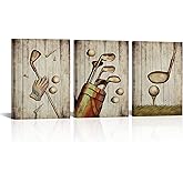 SkenoArt 3 Piece Sport Wall Art Vintage Golf Balls Painting Picture Prints Brown Poster Canvas Artwork Home Gym Office Man Bedroom Decoration Ready to Hang Gifts for Golf Lovers