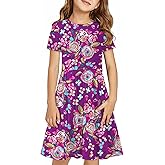 KYMIDY Girls Short Sleeve Floral Dress Kids Boho Casual Twirly Skater Dress with Pockets for Girls 6-13 Years