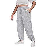 OLRIK Women Plus Size Cargo Sweatpants Adjustable Drawstring Joggers Loose Fit Lounge Trousers with Pockets Fall Winter