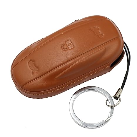 Mjvisun Leather Key Fob Case For Men Women Genuine Leather Key Fob Cover For Tesla Model X Key Car Remote Key Pouch Bag With Key Ring Key Chain