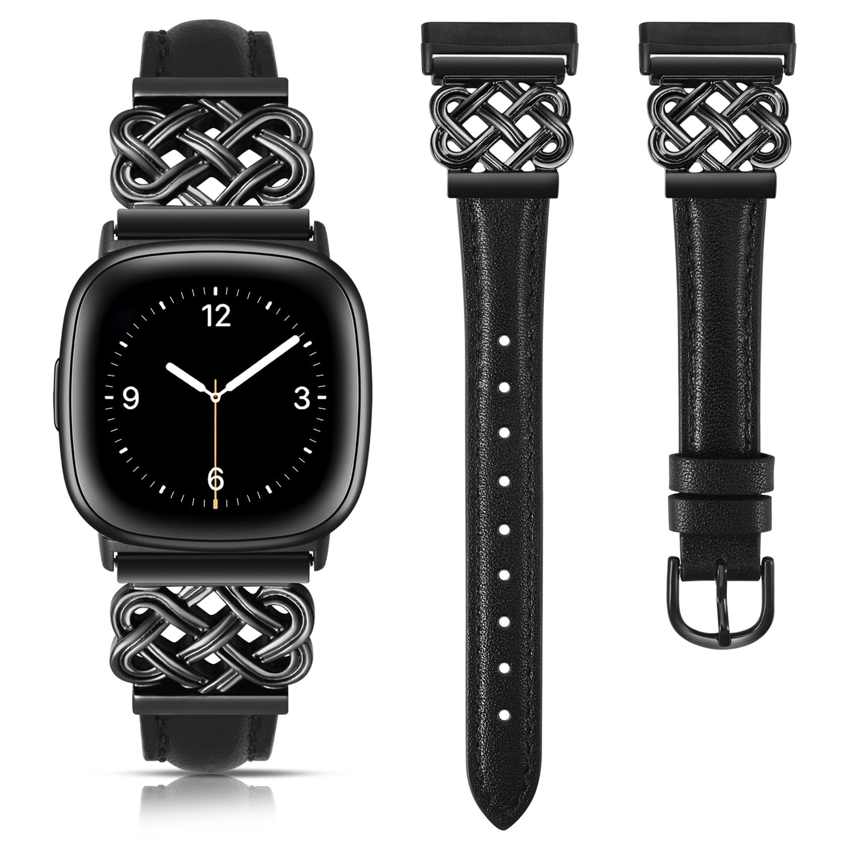TOYOUTHS Leather Straps Compatible with Fitbit Versa 4/Versa 3/Sense 2/Sense Strap Women, Slim Thin Dressy Designer Premium Leather Strap with Interlock Buckle for Versa 4 Sense 2, Black/Black