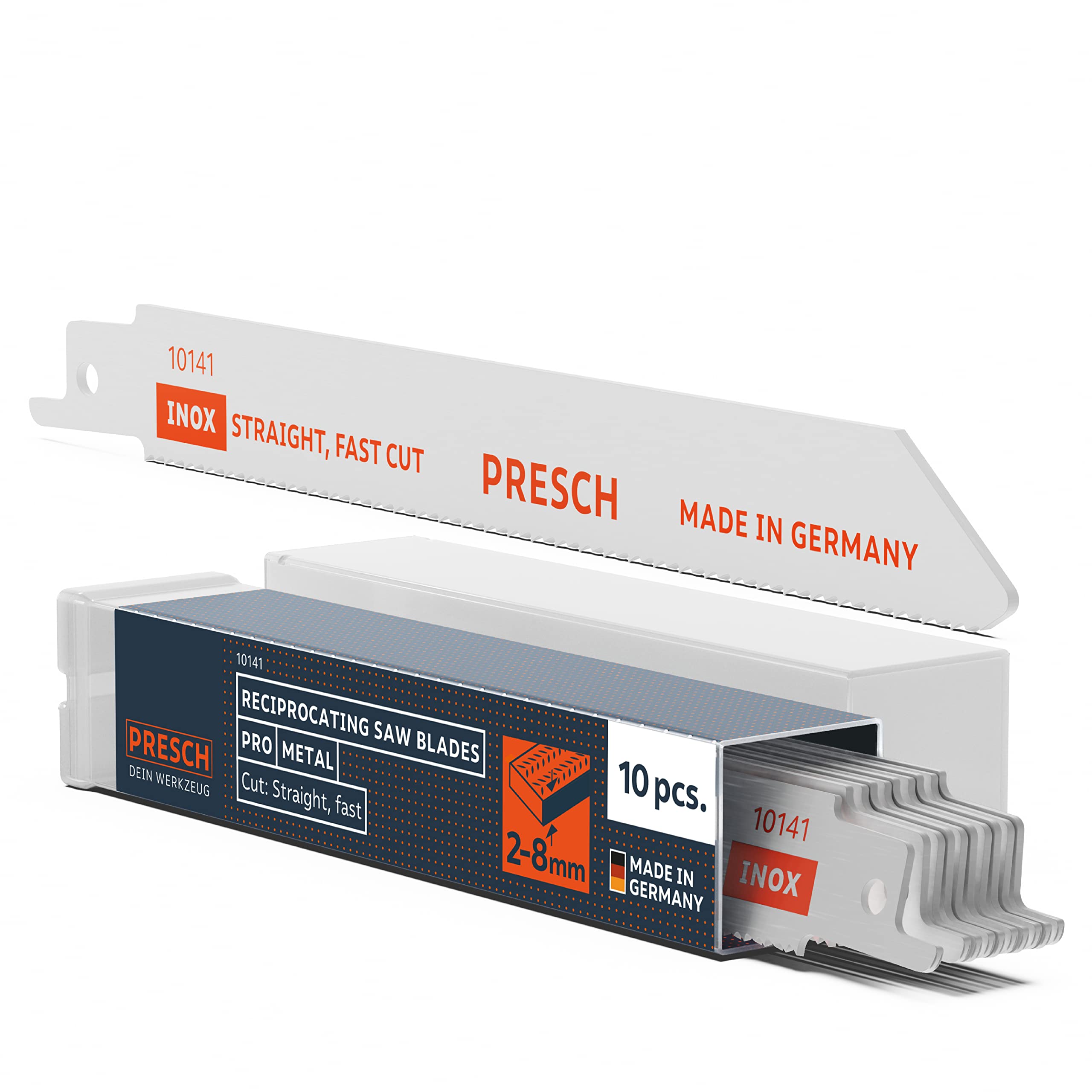 Presch Reciprocating Saw Blades Metal and Stainless Steel Pack of 10 (2-8 mm) - 8% Cobalt Saw Blades for Stainless Steels - Universal Shaft Reciprocating Saw Blades Set Including Box