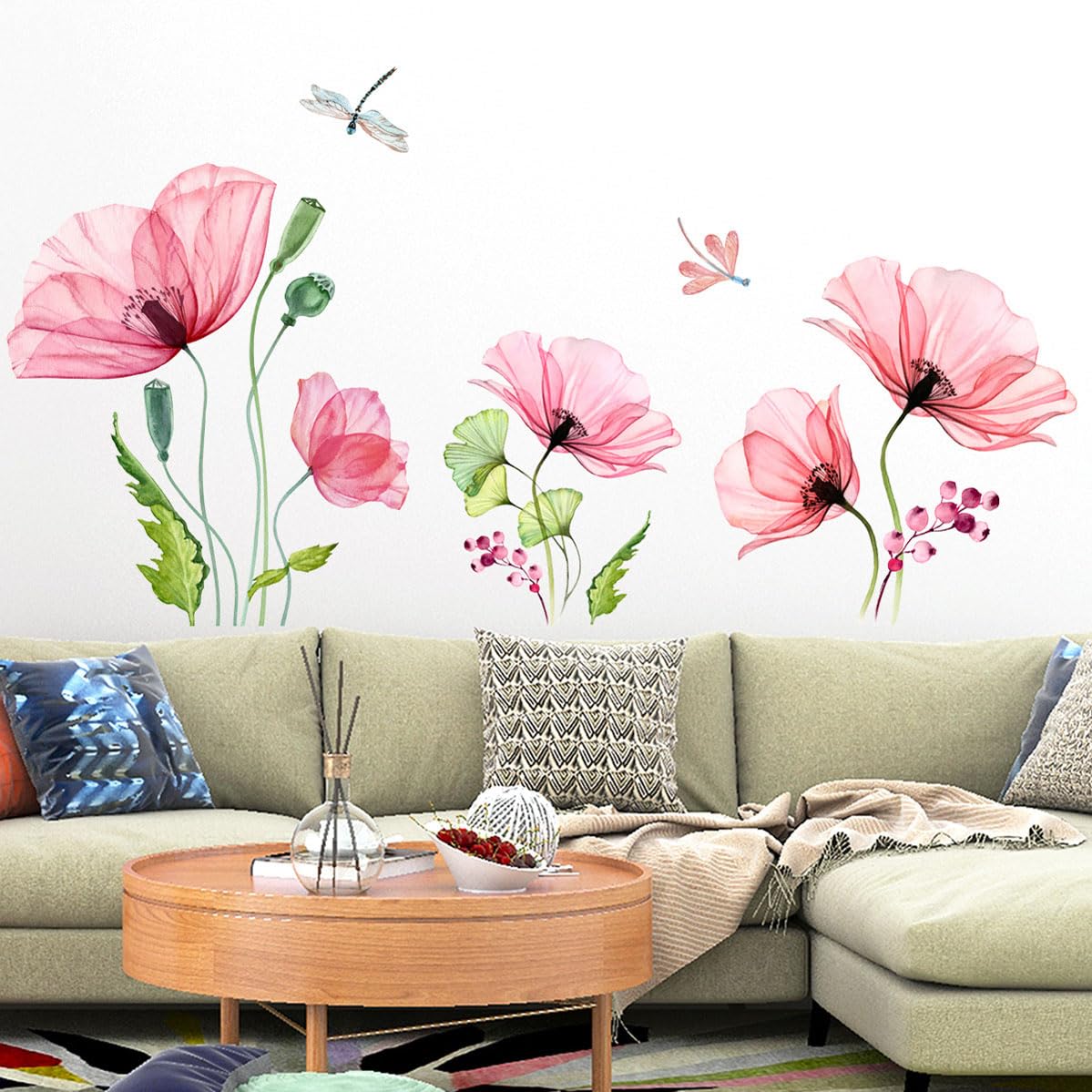 Timelesslong Lotus Flowers Wall Stickers for Living Room Bedroom, Vinyl Dragonflies Wall Decals Removable Floral Wall Murals Peel and Stick Pink Flower Wall Decor Art Wallpaper for Adult Room Office