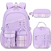 DIGOBAY Backpack for Girls - 3PCS Girls Backpack with Lunch Box & Pencil Pouch Plaid School Backpacks for Elementary Middle High College School Bookbag for Teen Girl Kids Students Purple