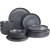 Famiware Starlight Plates and Bowls Dishes Set of 4 (12 Pieces), Ribbed Textured Stoneware Dinnerware Sets- Dishwasher & Microwave Safe, Chip Resistant, Matte Midnight Grey
