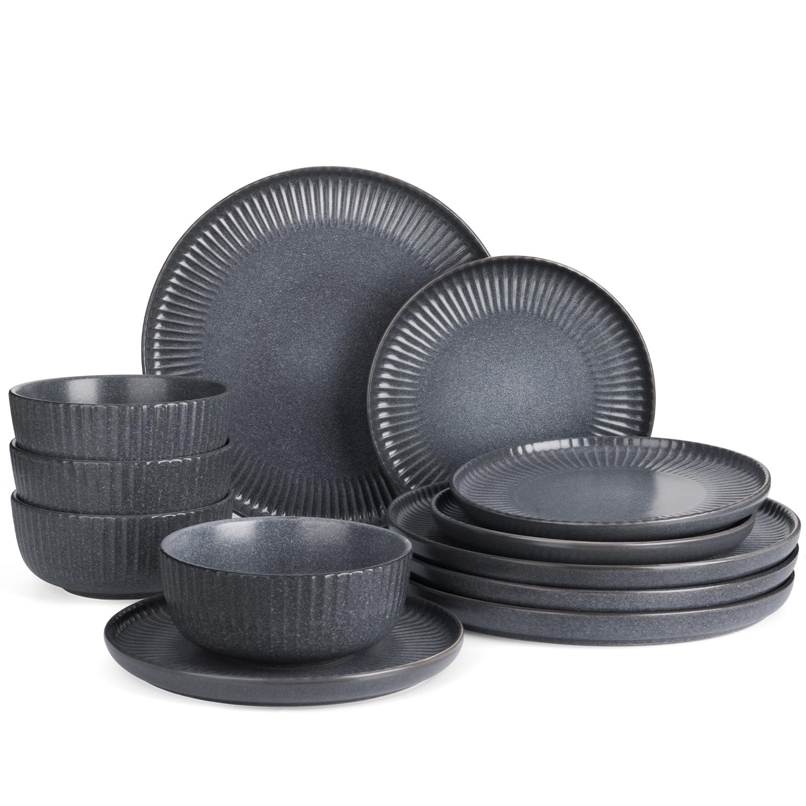 Photo 1 of Famiware Starlight Dinnerware Sets, Plates and Bowls Dish Set of 4 (12 Pieces), Ribbed Textured Tableware - Dishwasher & Microwave Safe, Chip Resistant, Reactive Glaze, Matte Midnight Grey