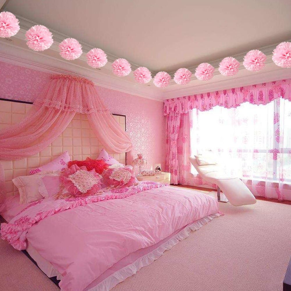 Hmxpls 10pcs Tissue Hanging Paper Pom-poms Flower Ball Wedding Party Outdoor Decoration, Premium Tissue Paper Pom Pom Flowers Craft Kit(Pink): Home & Kitchen