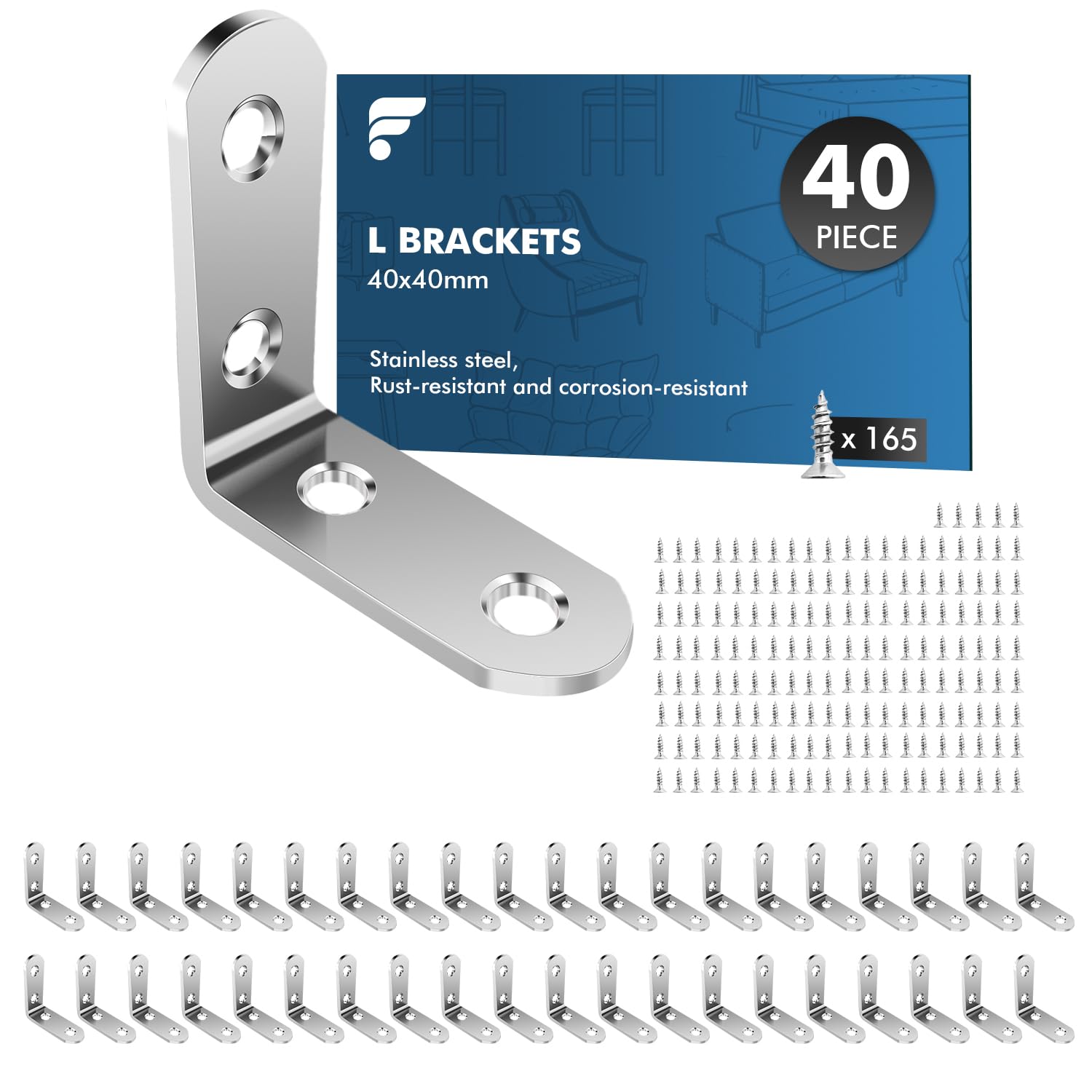 Shinfly Angle Brackets 40 Pcs, L Brackets for Wood with 165 Pcs Screws, 40 x 40mm Corner Metal for Wood for Furniture Shelves Chair Table Window