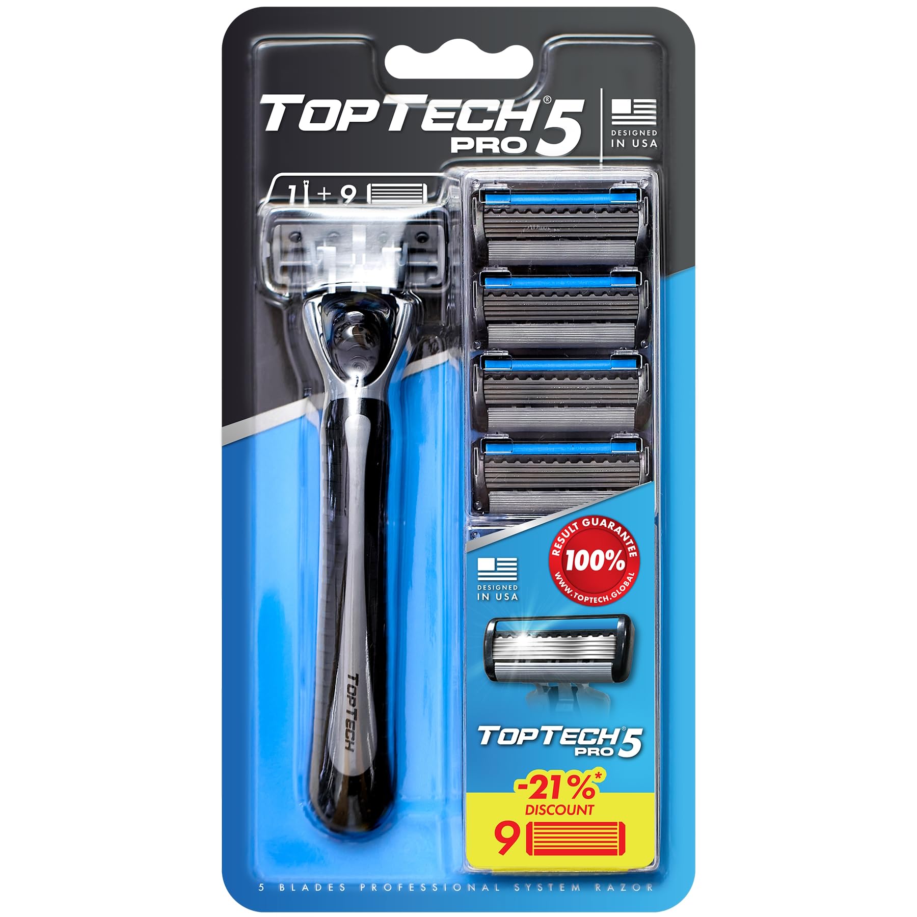 Photo 1 of TopTech PRO 5 Razors for Men - Manual Shaving Razor & Replaceable Cartridges - 5-Blades Technology - 10 Count Pack (1 Handle + 9 Refills) - Soft Shave & Sharp Blades - Cost-effective Refill