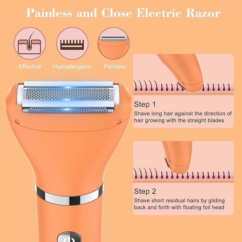 Rasoir Electrique Feminin Tondeuse précise pour visage et zones sensibles, Tondeuse à poils corporels pour visage, jambes, aisselles et zone pubienne,étanche, Écran LCD, Orange, 3 in 1