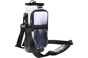 iCasso Water Bottle Holder with Strap for Stanley 25/32/40oz Tumbler, Insulated Water Bottle Carrier Sling Bag with Adjustable Strap and 2 Pouches, Neoprene Sleeve Accessories for Hiking, Misty Forest