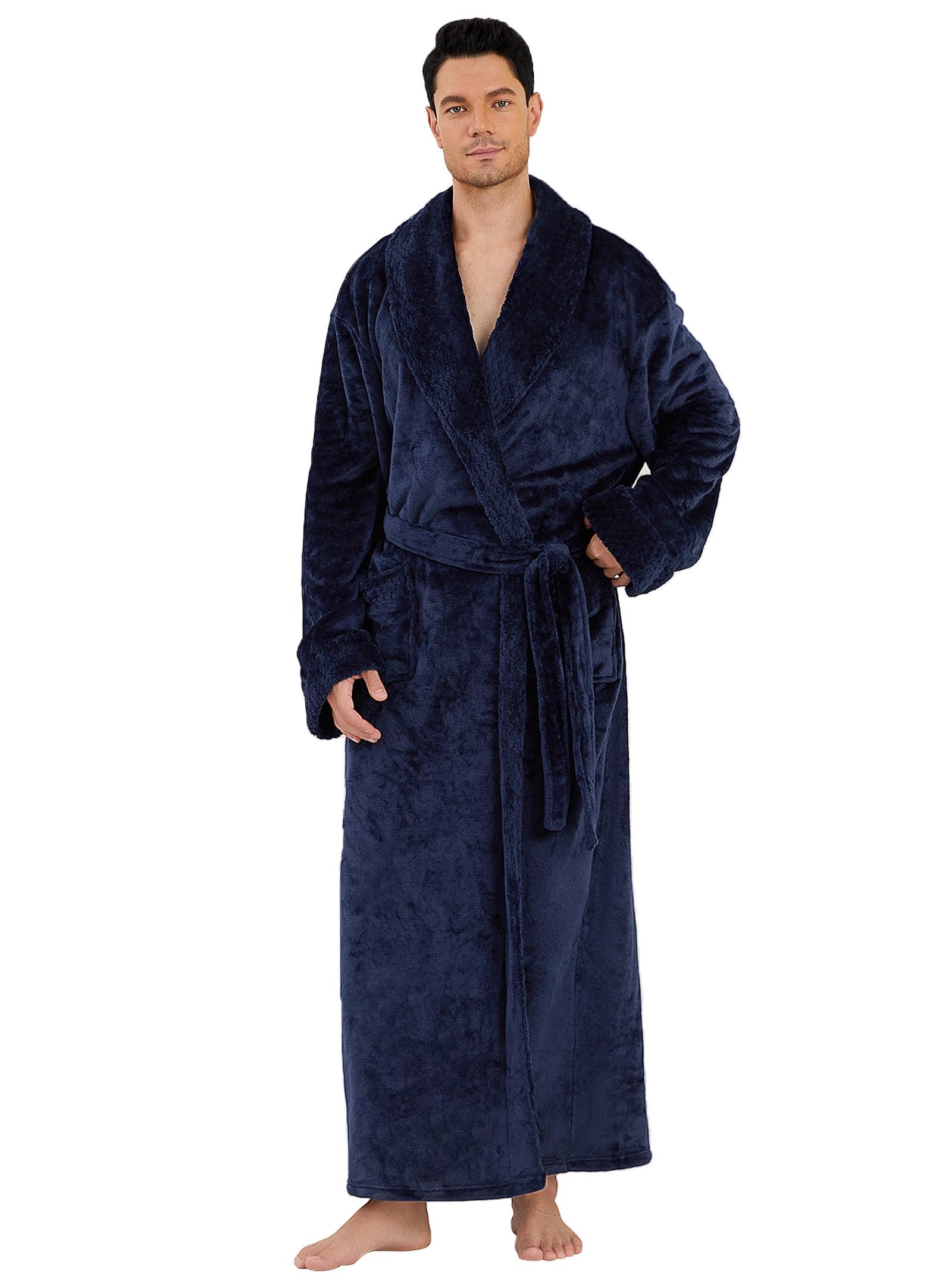 Photo 1 of Hellomamma Mens Long Plush Robe: Fleece Bathrobe with Pocket Big and Tall Full Length Man House Coat for Winter Home Navy Blue X-Large