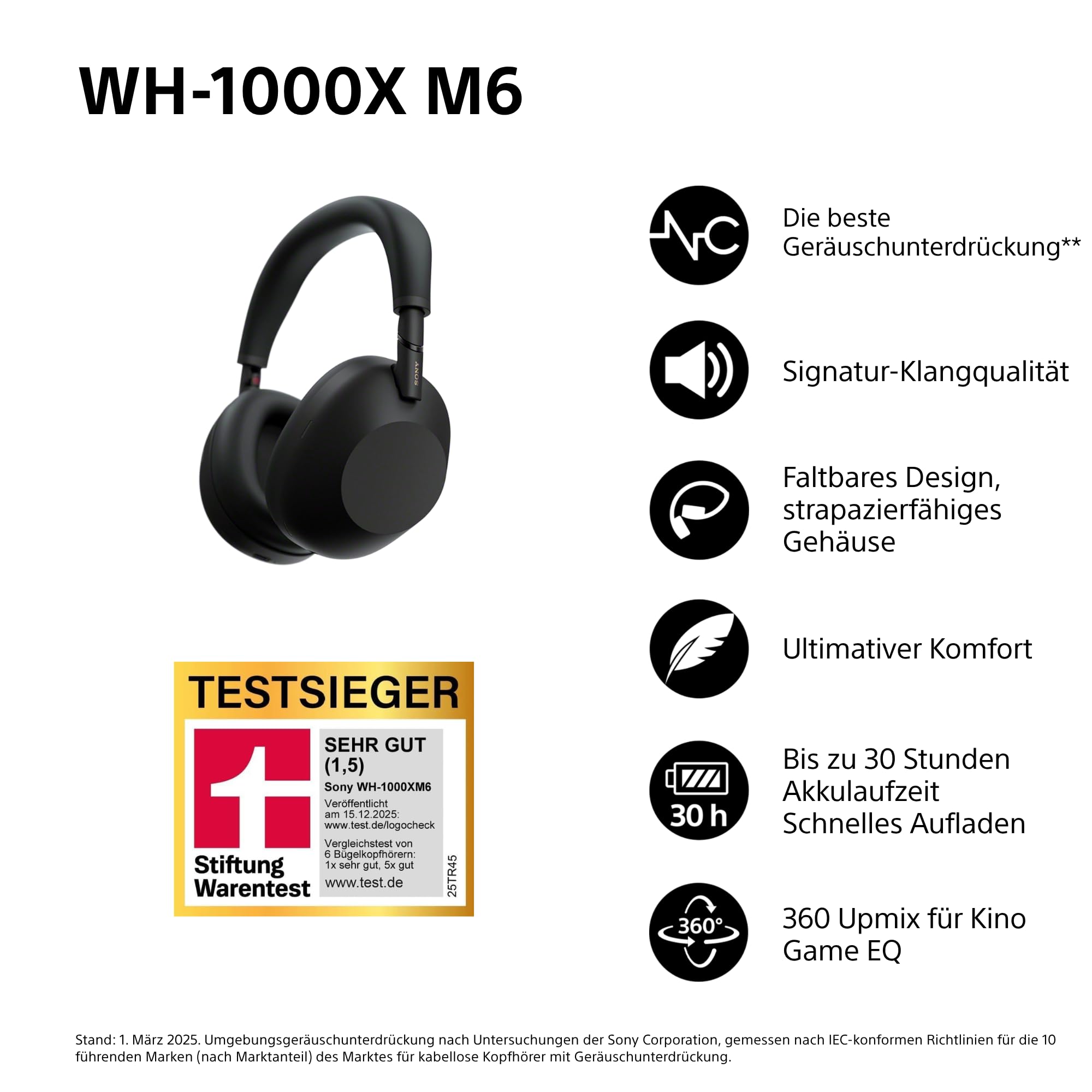 Sony WH-1000XM6 kabellose Noise Cancelling-Kopfhörer, Signature Hi-Res Sound, Bluetooth-Kopfhörer, Komfort, faltbares Design, magnetische Tragetasche, 30 Std.-Akku NC An, iOS & Android - Schwarz 2