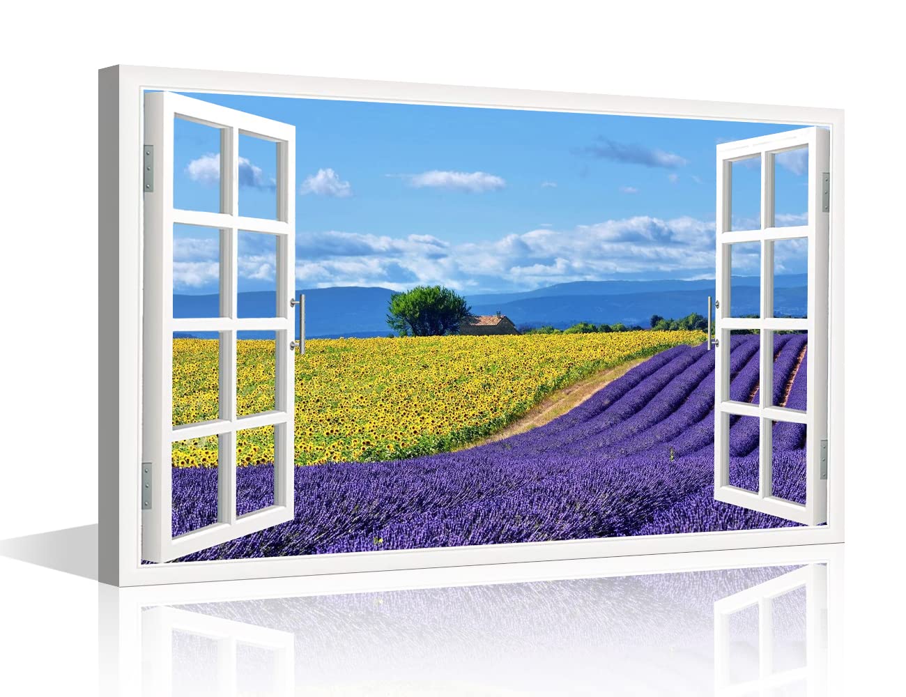 TISHIRON Lavender Flowers View 3D Window Effect Canvas Art Provence Modern Art Rustic Scenic Artwork Canvas Prints for Living Room Bedroom Office Posters Prints Framed Ready to Hang - 12" W x 18" H