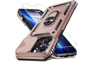 Janmitta Case for iPhone 14 & iPhone 13 Phone Cover Built in Slide Camera Lens Cover+Screen Protector,Heavy Duty Shockproof Full Body PhoneCase with Finger Ring Holder Kickstand,Rose Gold