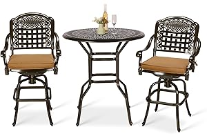 VIVIJASON 3-Piece Patio Swivel Bar Stools Set, All Weather Outdoor Cast Aluminum Bar Height Bistro Set with 2 Cushioned Bar Chairs & 35.4" High Bar Table w/Umbrella Hole for Backyard, Lawn, Garden