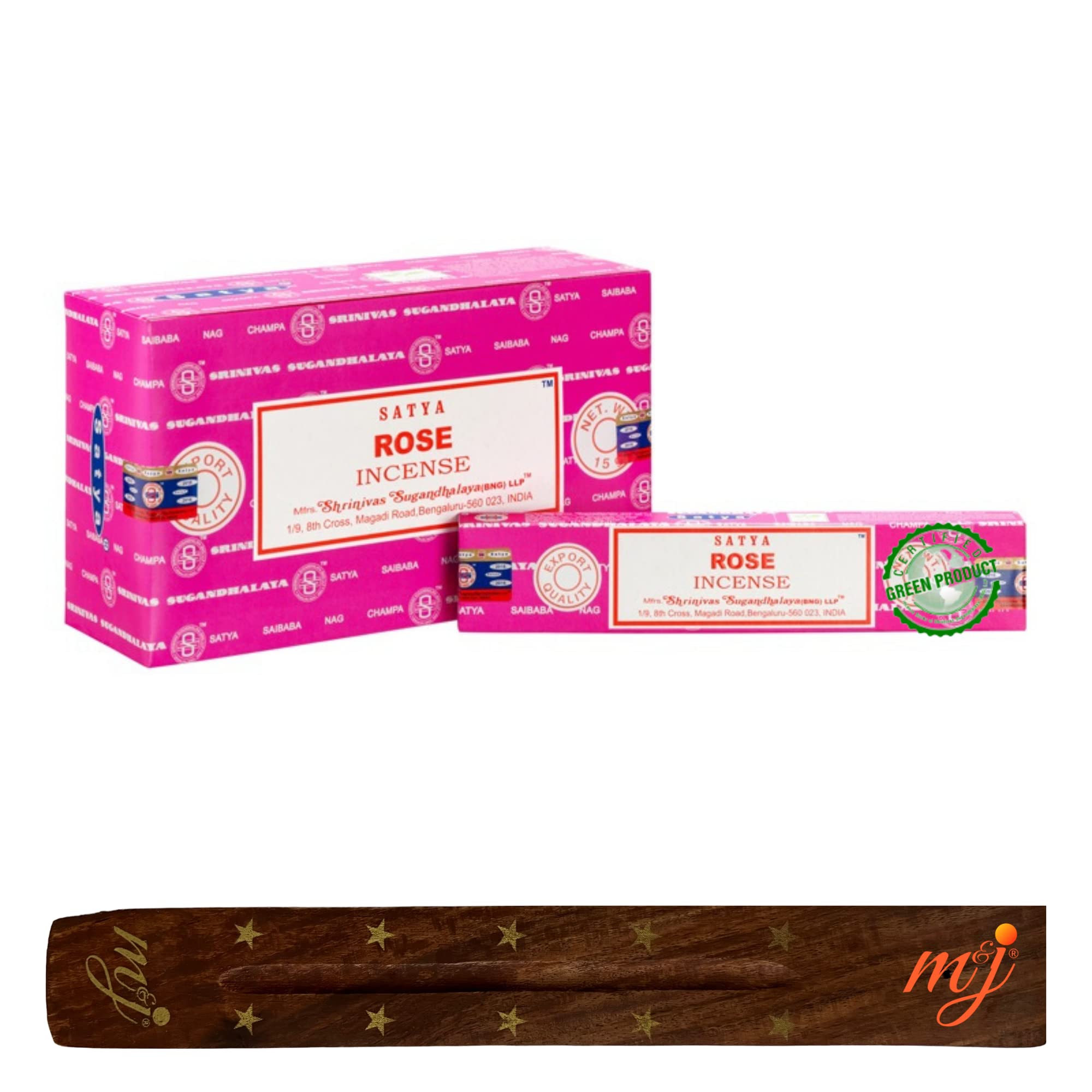 Original Satya Nag Champa Rose Incense Sticks | with M&J incense sticks holder | Full Box | for Aromatherapy, Spa, Yoga, Weddings, Meditation, Healing, Positivity and Relaxation