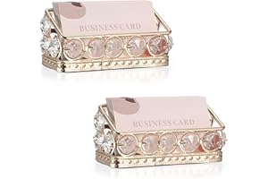 Hipiwe 2 Packs Crystal Business Card Holder Gold Metal Business Card Display Holder for Desk Bling Office Desktop Business Ca