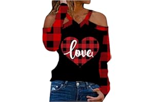 WPOUMV Women Valentines Day Love Heart Shirts Sexy Off The Shoulder V Neck Tops Funny Novelty Graphic Long Sleeve Blouses