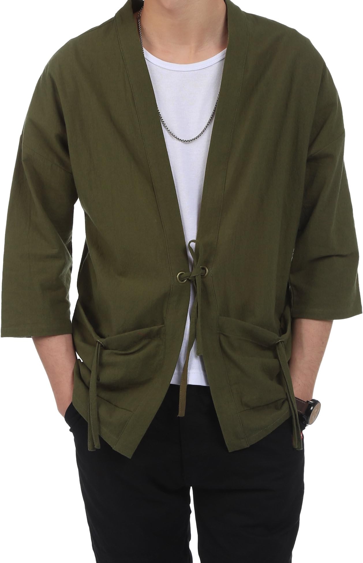 Lantusi Men Vintage Kimono Cardigan Casual Linen Belt Clothes Pocket Cardigan Coat