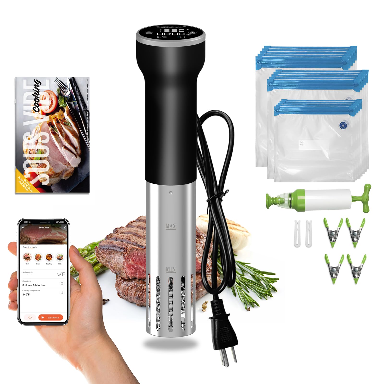 Photo 1 of Sous Vide Cooker WiFi Kit, Cattleman Cuisine Sous Vide Machine, Immersion Circulators for Suvee Cooker Kit with Vacuum Bags, Vacuum Pump, Precision Temperature Timer, 1000W, Noise-free, Waterproof