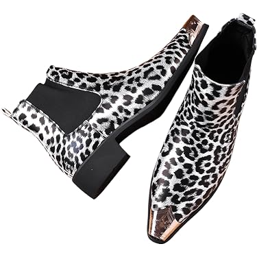 Men’s White Chelsea Pointed Metal Toe Leopard Print Ankle Street Style Boots Chelsea Boot Leopard Print Pony Hair main image 3