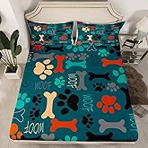 Pup Paw Print Bed Sheets for Girls Boys, Colorful Bones Fitted Sheet for Kids Dog Lovers, Multicolor Puppy Claw Marks Bedding Sets, Lovely Pet Animal Themed Bedroom Decor Twin Size