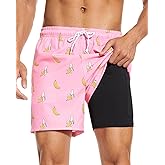 Aueyan Mens Swim Trunks 5.5 inch with Compression Liner Zipper Pockets,Quick Dry Swimsuit Trunks Funny Beach Board Shorts