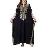 Women Golden Floral Embroidery V Neck Kaftan Loose Oversized Casual Beach Cover Up Long Caftans Bathing Suit Maxi Dress Black