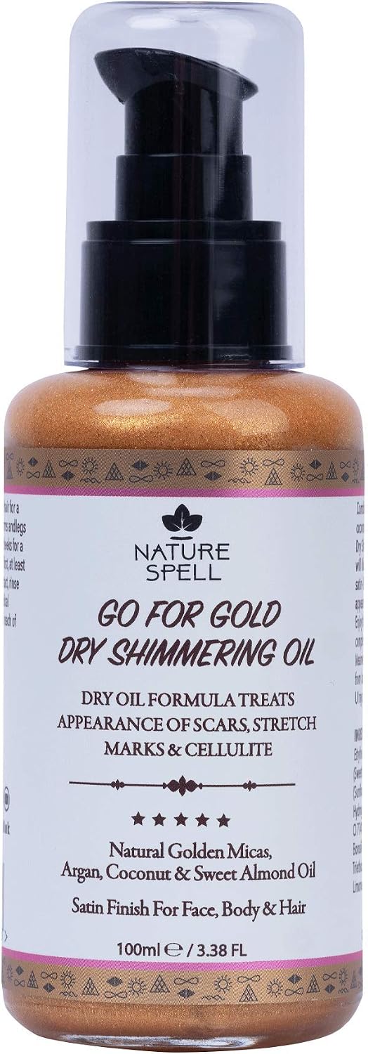 Nature Spell Dry Shimmering Oil for Body & Face, Lightweight, Glowy Finish, Infused With Argan and Coconut Oils, Vegan, 100ml