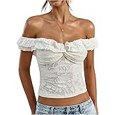 OYOANGLE Women's Floral Jacquard Short Sleeve Off The Shoulder Crop Top Ruffle Fitted Tee Shirts