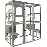 PetsCosset Outdoor Cat Catio Enclosures Large Wooden Cat House Patio for Indoor Cats Feral Cat Shelter with 2 Espace Doors, 2 Resting Rooms, 5 Platforms, Removable Waterproof Cover 67.7" H
