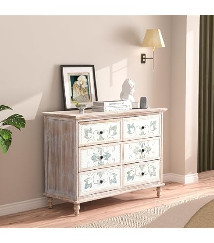 Amazon.com: VINGLI 6 Drawer Dresser, Boho Dresser with Carved Flower  Pattern Drawers & Solid Wood Leg, Washed White Dresser Chest of Drawers :  Home & Kitchen