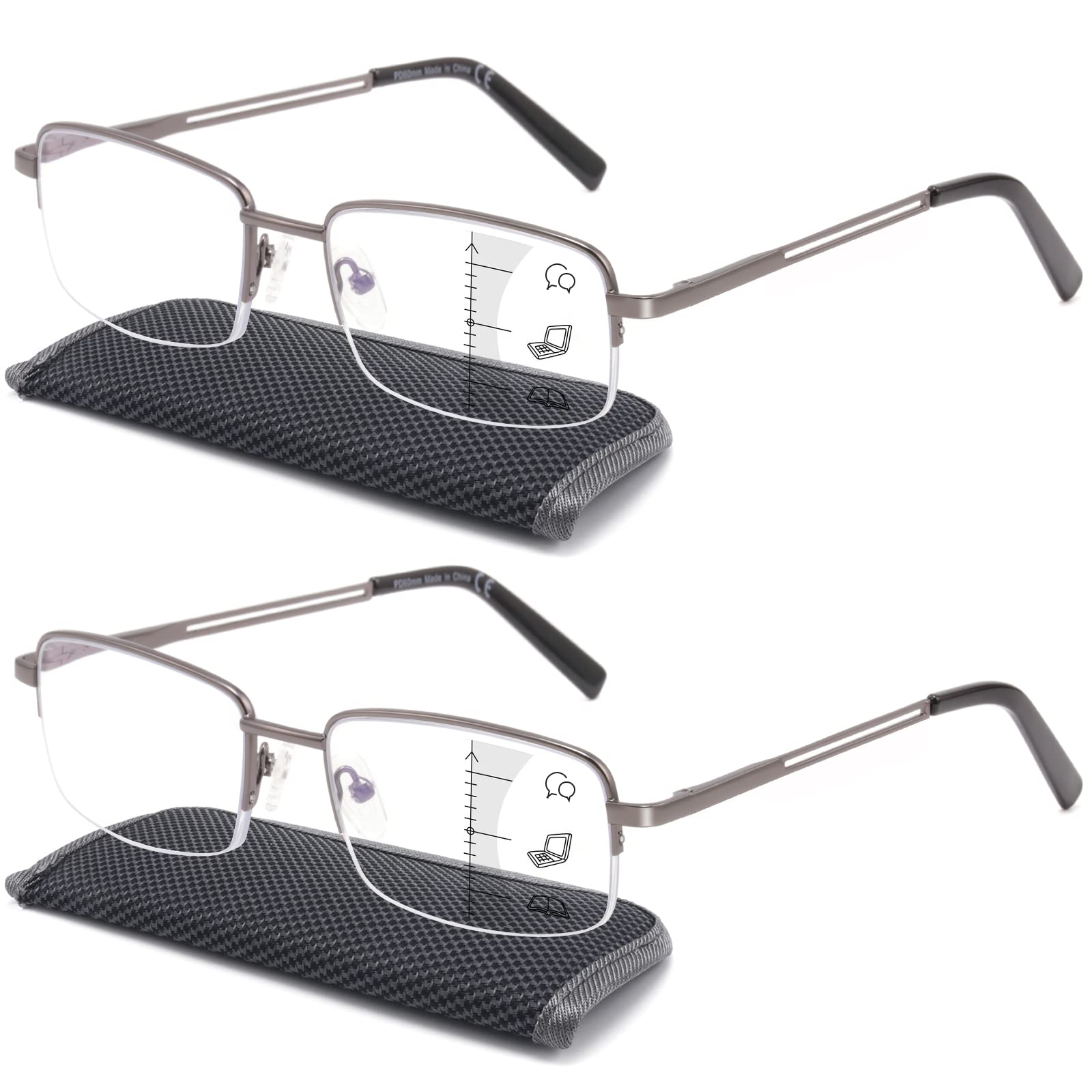 Photo 1 of Premium 2 PACK Durable Progressive Multifocus Reading Glasses for Men Blue Light Blocking Computer Reader Anti Eyestrain Metal Frame Spring Hinges (for Mid-Near Range approx 3ft) 2.0 Gunmetal