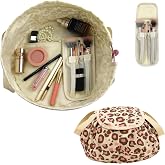 SUMBABO Drawstring Cosmetic Bag for Women - Barrel Drawstring Makeup Bag Lay Flat for Travel Toiletry Bag with Brush Bag (Pink Leopard)