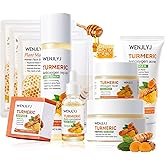 Turmeric Soap Skincare Set with Honey Face Sheets Mask,Hydrating Travel Size Turmeric Face Wash,Moisturizing Face Toner & Face Serum & Face Cream,Eye Cream Skin Care Gift Set for Women(9PCS)