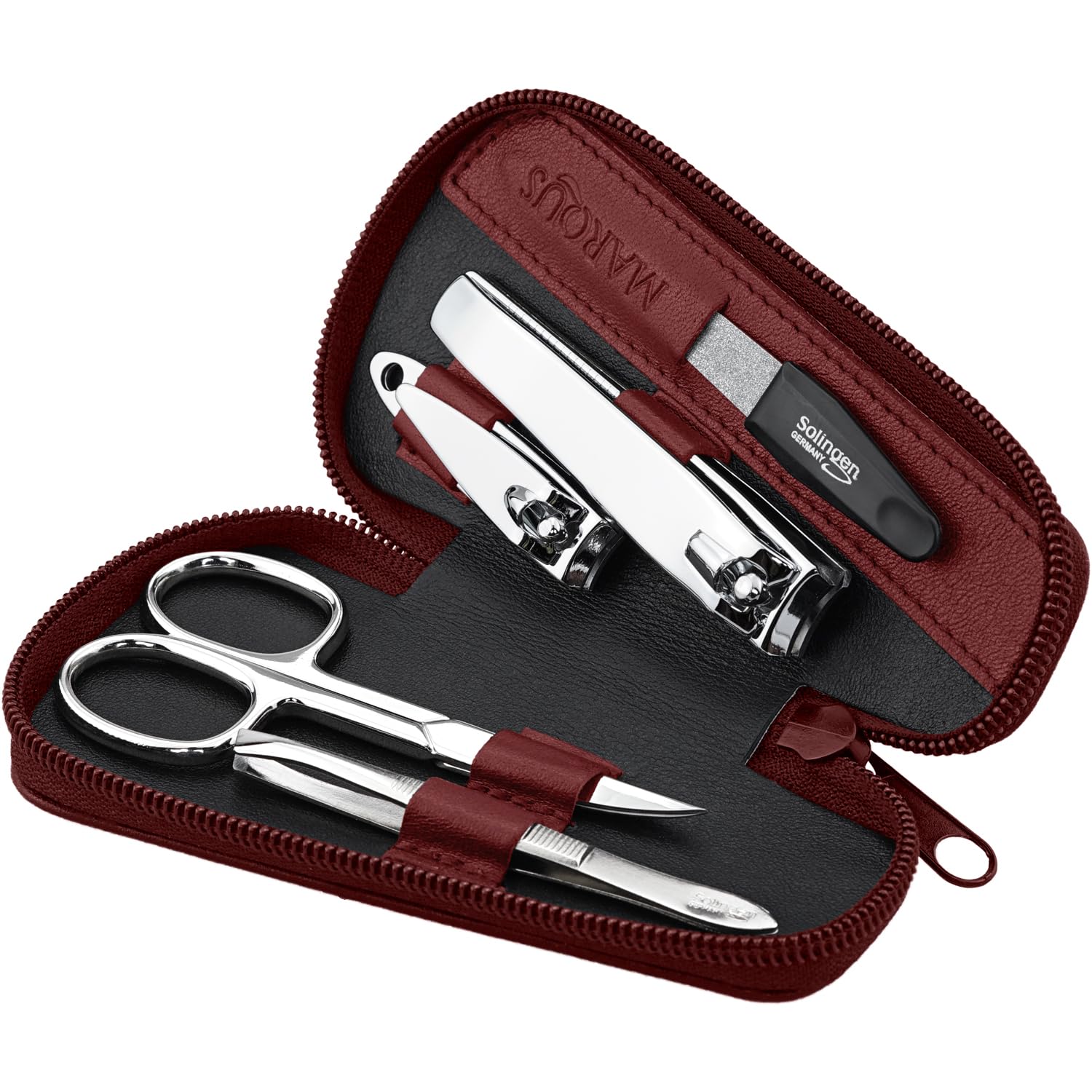 Marqus Manicure Set for Women and Men - 5-Pieces Grooming Kit - File and Tweezers from Solingen - Real Leather Case - Ideal for Travelling, red